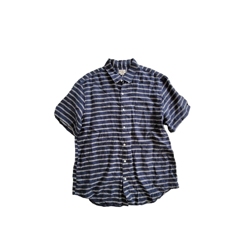 J.Crew Tailored‎ Stitch 100% Linen Navy Striped Breathable Button Down Size XL